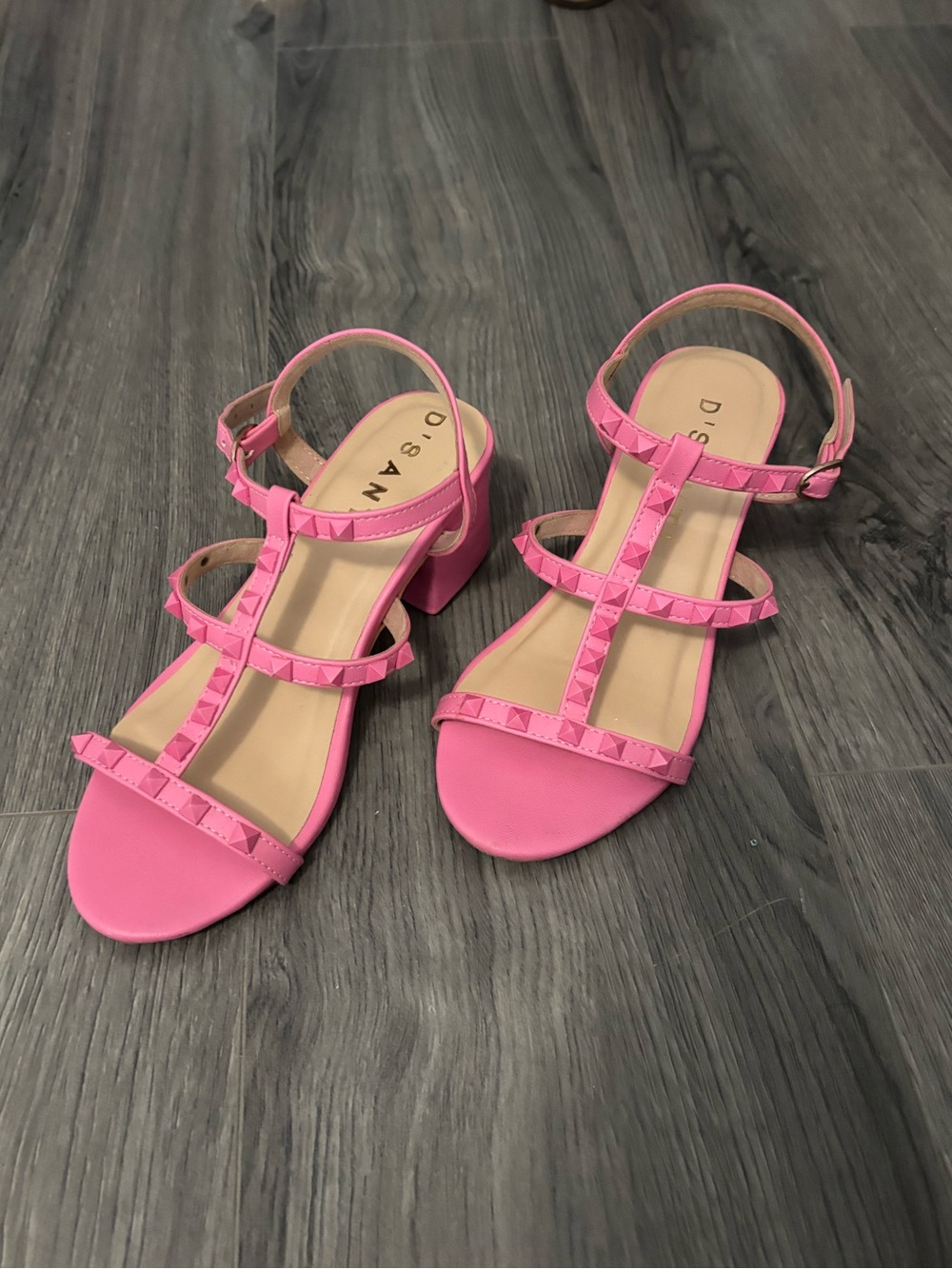 Pink Studded T-Strap Block Heel Sandals